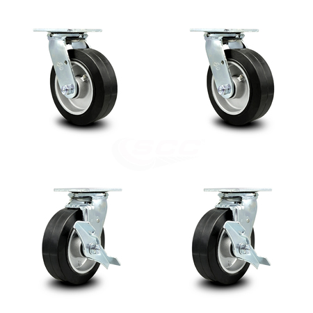 SERVICE CASTER 6 Inch Rubber on Aluminum Swivel Caster Set with Roller Bearing 2 Brake SCC SCC-30CS620-RAR-2-TLB-2